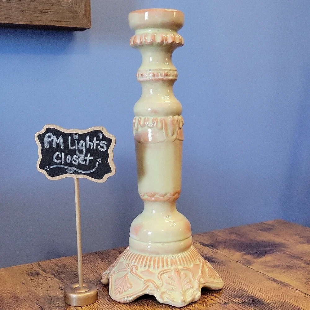 Ornate Candle Holder Accent Ceramic Pale Green Rose Pink